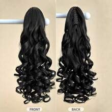 22英寸长波浪卷合成发马尾接发，爪夹式，适合日常佩戴，黑色波浪长马尾假发 - 彩色 - 查看 6
