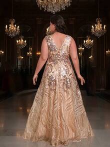 Romagic 曲线款无袖亮片长款连衣裙，V领露背系带A字优雅舞会礼服，春夏款 - 金色 - 查看 2