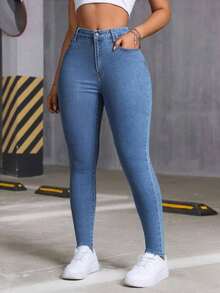 Women's Fashionable Stretch Slim-Fit Washed Denim Jeans, Summer Top/New Jeans For All Seasons, Elegant Women's Clothing, Suitable For New Year And Valentine's Day. - Medium Blue - 查看 5
