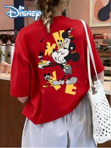 Disney-Themed Mickey Family Chorus Print Stylish Crew Neck T-Shirt For Girls And Older Kids Teen Top Perfect For Spring And Summer Casual Wear A Gift For Her - 紅色 - 查看 2
