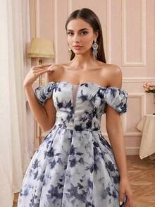 优雅露肩长款碎花伴娘礼服，带拉链的派对礼服 - 淺灰紫 - 查看 7