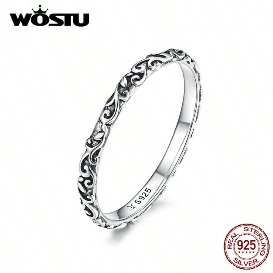 WOSTU 1枚925纯银复古花卉图案拼接戒指，女士珠宝，精致珠宝，日常佩戴，礼物，情人节礼物