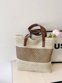 Straw Woven Bag, Vacation Beach Bag, Large Capacity Woven Tote, Shoulder Handbag With Pendant - Beige - View 6