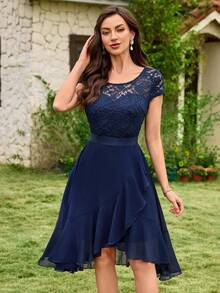 MIUSOL Floral Lace Round Neck Asymmetrical Ruffle Hem Chiffon Prom Party Swing Dress Wedding Spring - Navy Blue - View 5