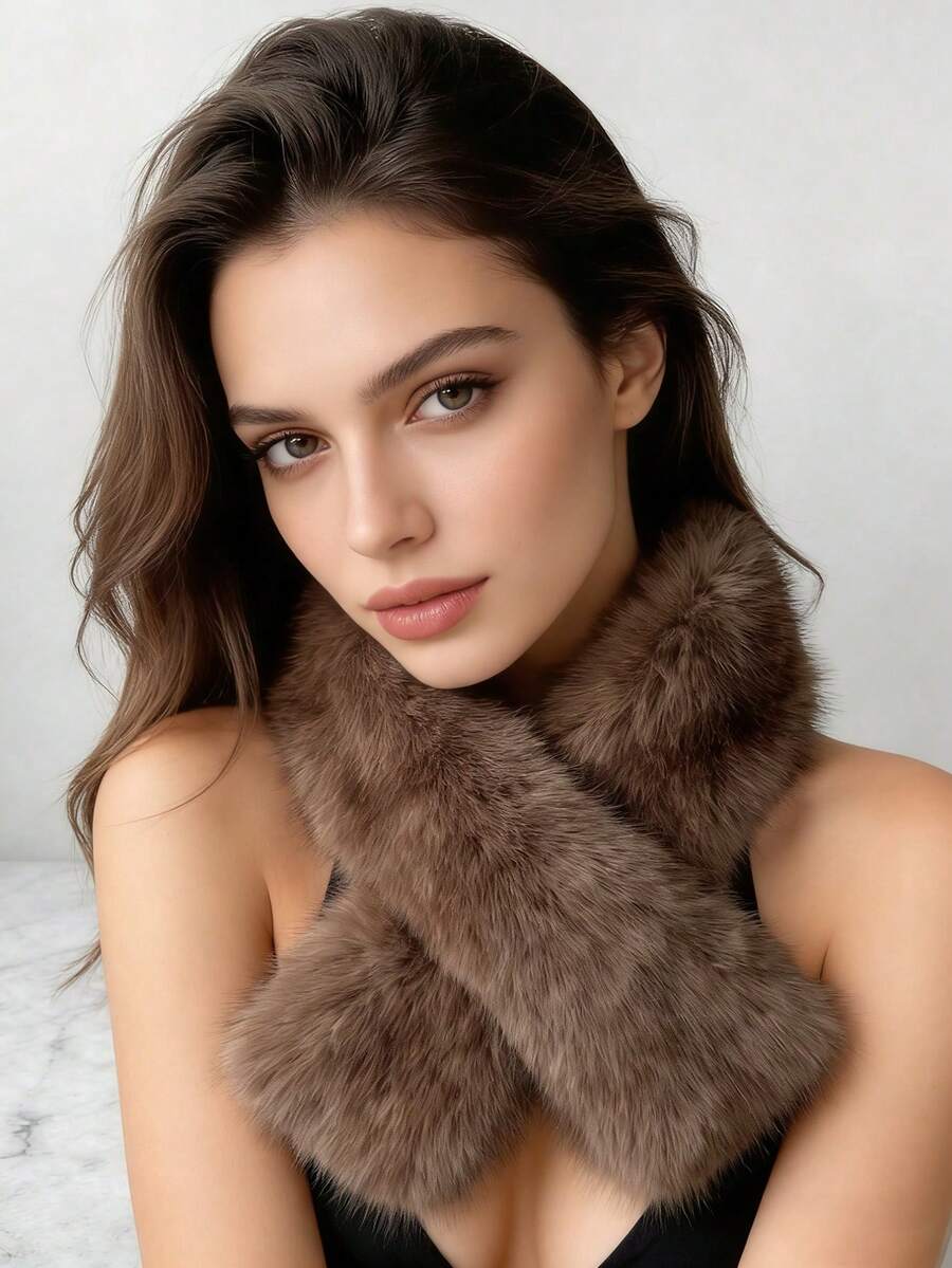 1pc Women's Faux Fur Solid Color Double-Sided Fluffy Thick Warm Neck Gaiter Scarf - Multicolor - View 1