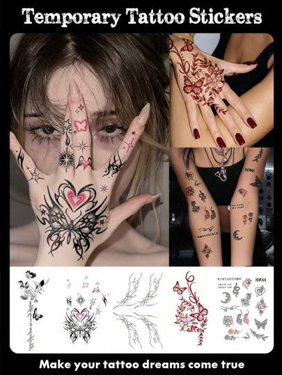 Body Art Temporary Tattoos Suitable For Both Men And Women, Floral, Butterfly, Heart, Handwritten English And Chinese Word "Love," Waterproof Fake Tattoo, Lasting 2-5 Days, Can Be Used On Hands, Arms, Neck, Shoulders, Waist, And Legs. Perfect For Holidays, Parties, Gifts, Vacations, Music Festivals, Body Decorations.