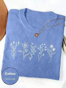 2026 Summer Clothes2026 SUMMER TopWomen Floral Print Crew Neck Loose Casual T-Shirt, Short SleeveLoose And ComfortableshirtLoose And Comfortablesummer - 藍色 - 查看 1
