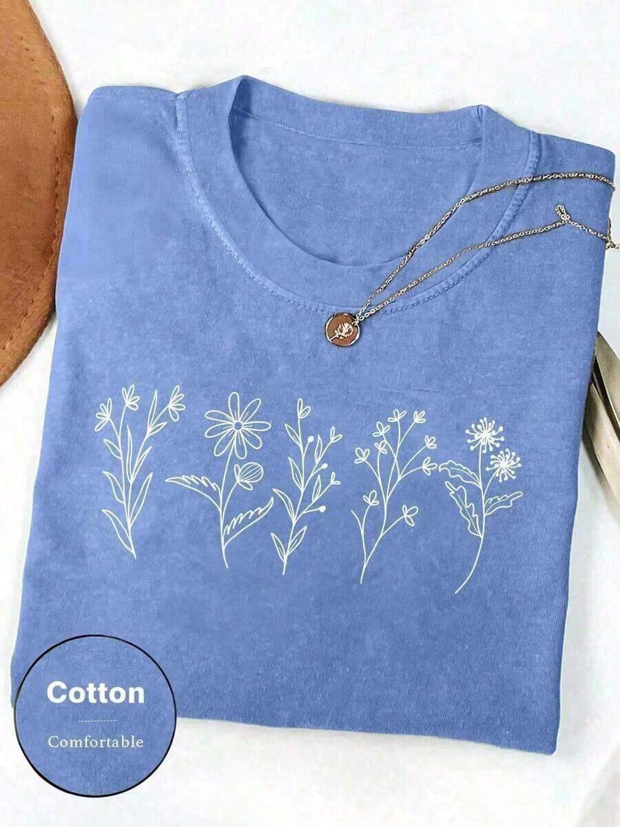 2026 Summer Clothes2026 SUMMER TopWomen Floral Print Crew Neck Loose Casual T-Shirt, Short SleeveLoose And ComfortableshirtLoose And Comfortablesummer - 藍色 - 查看 1
