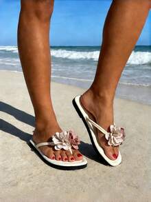 White Sandals, Women's Beach Sandals, Women's Flip Flops, New Summer Women's Double Flower Flat Sandals, Women's 3D Double Flower Sandals, Women's Slippers, Women's Flat Sandals, Slides, Elegant Women's Sandals, Minimalist Fashion Women's Flat Slippers, Women's White Sandals, Holiday Shoes, Summer Sandals, Sandals, Flip Flops, Lightweight Soft-Sole, Outdoor Holiday, Women's Flat Thong Sandals, White Thong Sandals - White - View 10