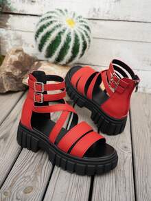 Plus Size Women's Solid Color Flat Sandals, Thick Sole Fashion Versatile Summer Beach Sandals With Back Zipper - Red - View 4