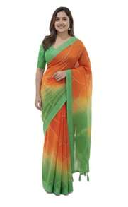 Georgette Shaded Saree With Border And Tassels, Readymade Blouse, Long Sleeve, Size 40 - Green - View 3
