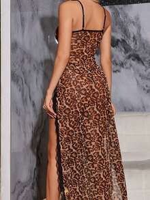 2件套女士性感豹纹蕾丝开衩吊带裙，睡袍，适合居家、夜店或私人派对穿着，性感内衣 - 豹紋 - 查看 2