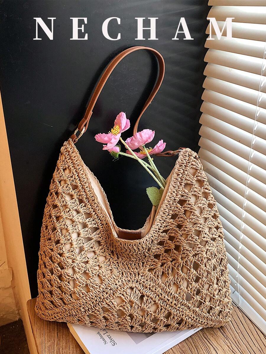 1 pezzo Borsa a spalla casual e minimalista di colore unito, grande capacità, stile versatile per le vacanze per le donne - Cachi - Visualizzare 1