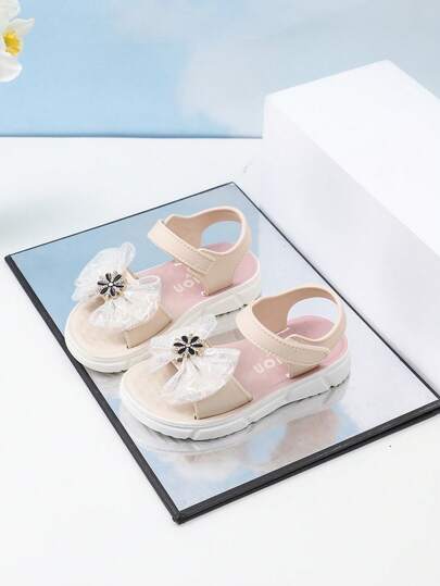 1 Pair Solid Color Bow Decor Girls Outdoor Casual Versatile Flat Sandals