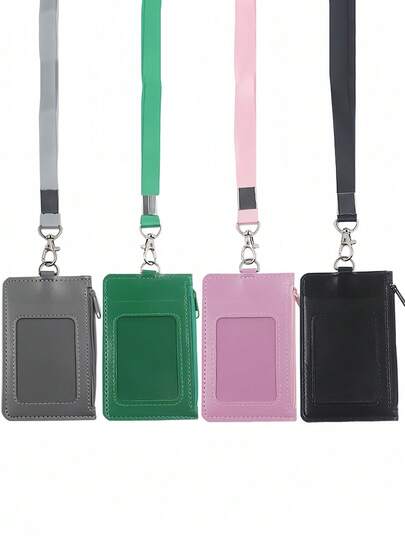 皮革拉链多卡位工作证卡套，带挂绳