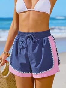 Women's Summer Vacation Swim Trunks With Contrast Color Trim, Elastic Waist Beach Wear - Navy Blue - View 2