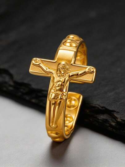1 pieza Anillo abierto de acero inoxidable vintage con cruz de Jesús, joyería cristiana de color oro/plata/negro,