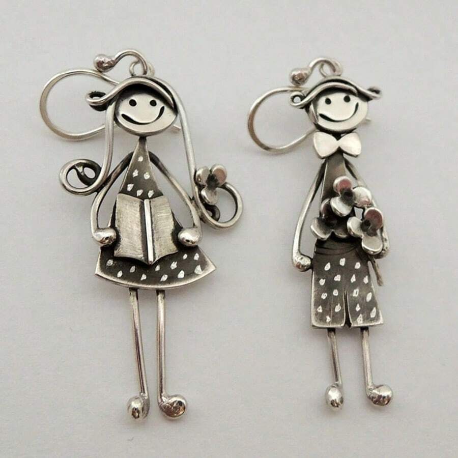 Creative Retro Boy & Girl Pendant Earrings, Suitable For Pierced Ears. An Interesting Gift For Family And Friends - Silver - View 1
