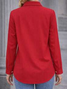Camisa casual de mujer de manga larga con bolsillos y botones, adecuada para todas las estaciones, primavera - Rojo - Ver 2
