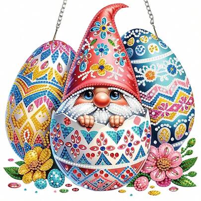 复活节小矮人彩蛋图案挂饰，5D钻石画桌面套装，DIY钻石艺术桌面装饰，宝石镶嵌工艺品，家居卧室桌面装饰