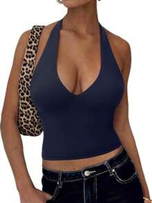 OMKAGI  Women's V-Neck Collarless Short-Sleeved Tank Top Y2K  Streetwear Style Top See-Through Top With Exposed Neckline - 藏蓝色 - 查看 9