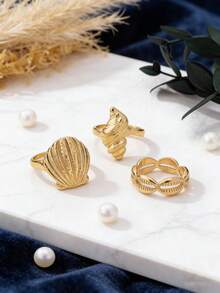 3枚波西米亚风金属几何贝壳戒指，适合日常佩戴、度假、作为珠宝礼物 - 金黃色 - 查看 3