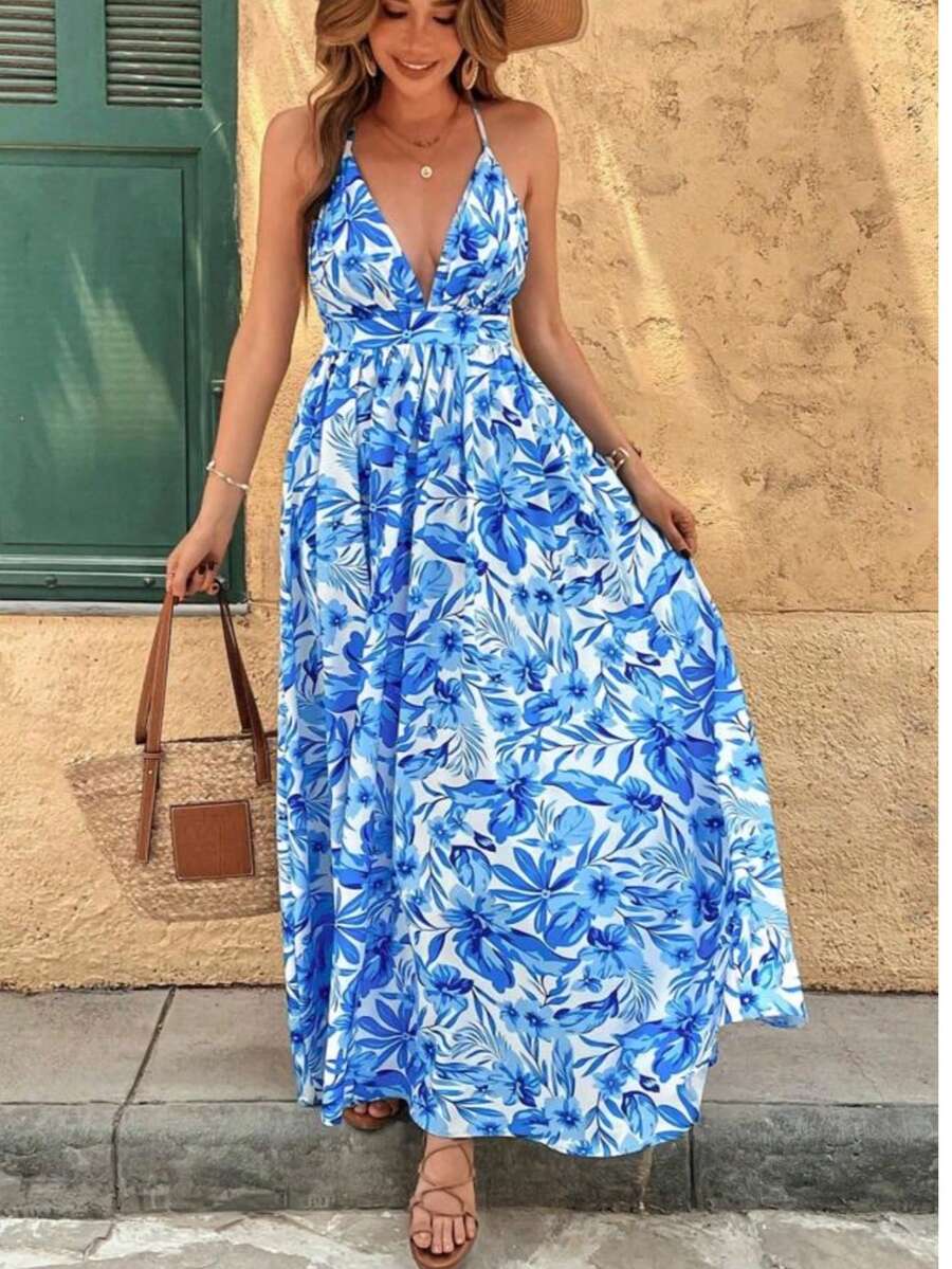 Vestido feminino de verão, estampa floral, elegante, em tecido plano, sem costas, ideal para férias, praia, festas, casamentos, aniversários e uso casual diário. Perfeito para primavera e verão. - Lago Azul - Ver 1