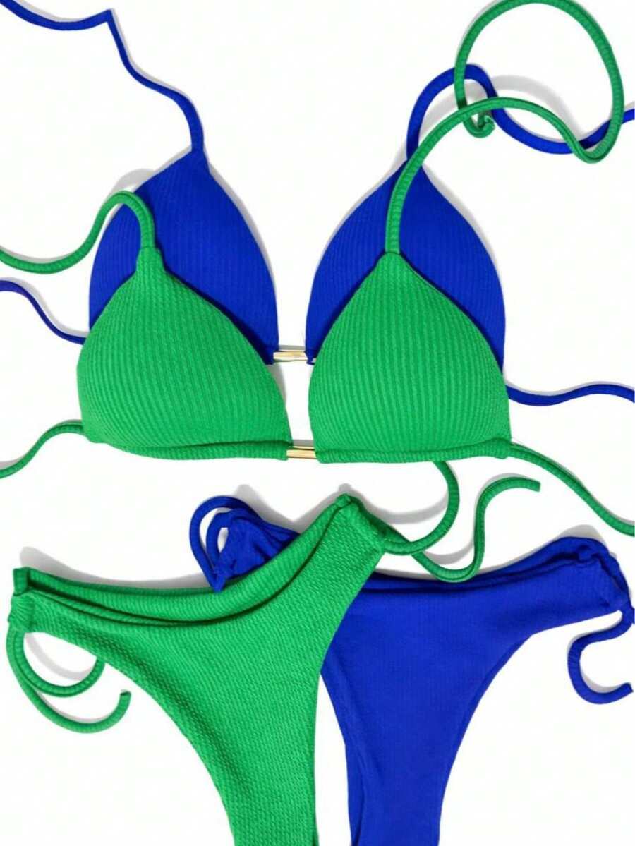 Set Of 2 Triangle Bikini Tops With Padded Cups And Double String Semi-Thong With Knot Detail For Beach And Vacation - Green and Blue - View 1
