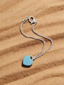 1件甜美清新S925纯银蓝色心形珐琅吊坠手链，百搭日常佩戴及女士礼物 - 心型手鍊 - 查看 3