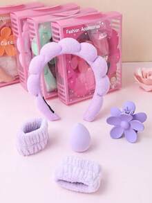 2/5pcs Set Women Sponge SPA Headband, Wristband And Big Flower Hair Clip Gift Set, Exquisite Packaging, Suitable For Party, Gift And Daily Use - Multicolor - View 8