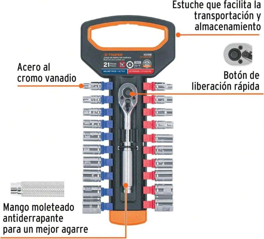 Truper JD-1_4X21MP, Juego de dados milimétricos y estandar con matraca cuadro 1_4" - Blanco - Ver 1