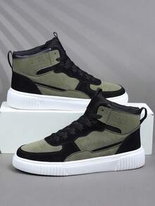 2026 New Casual Men's Shoes, Retro Classic Military Green Sneakers, Leather Lace-Up Casual Shoes, Thick Sole Elevated, Soft Comfortable Breathable Lightweight Sole, Versatile Daily Commute, High-Top Men's Sneakers, Men's Casual Shoes, Fashionable Personality Street Style Student Handsome Shoes, Lace-Up Men's Shoes, Men's Skateboard Shoes - Army Green - View 2