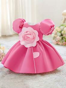 Baby Girls' Petal Sleeve Colorblock Satin Floral Party Dress, Suitable For Flower Girl, Wedding, Birthday, Headband Not Included - Multicolor - View 4