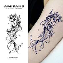 AMIFANS Temporary Tattoo Artistic Mermaid , Semi Permanent Tattoo,Lasting 1-2 Weeks Tattoo, Long Lasting Tattoo, Juice Tattoo, Realistic Tattoo, Romantic Tattoo, Fake Tattoo, Waterproof, Authentic Tattoo Look, Niche Design Tattoo, Fruit Tattoo, Plant-Based Tattoo - Black - View 2