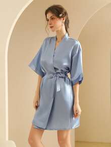 1 pezzo Vestaglia da donna in seta, abito da sposa, vestaglia elegante con cintura in vita di colore unito adatta per tutte le stagioni, pigiama corto in morbida seta raso, adatto per spose, damigelle, uso domestico. Abito corto per la stagione di taglio dell'erba, vestaglia lunga iniziale, vestaglia da camera e pigiama. - azzurro - Visualizzare 5