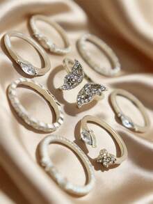 波西米亚复古全钻叠戴戒指套装，女士珠宝，订婚、结婚和情人节礼物 - 蝴蝶型 - 查看 3