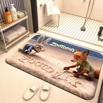 1pc Disney Zootopia Judy And Nick Animal City 2 Doormat, Cute Cartoon Character Rug, Quick-Dry Absorbent Soft Mat, Rubber Non-Slip Bottom, Easy To Clean, Suitable For Bathroom, Toilet, Entrance, Animal City Theme Home Decor, Applicable For Living Room, Bedroom, Yoga Room, Summer Decorative Carpet, Bathtub Mat, Essential Home Decor, Kitchen Rug