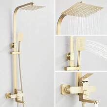 Duscharmatur aus gebürstetem Gold, drehbarer Auslauf, Wandmontage, 20 cm Regenduschkopf + Handbrause, Duscharmatur aus Edelstahl - Gebürstetes Gold - Übersicht 2