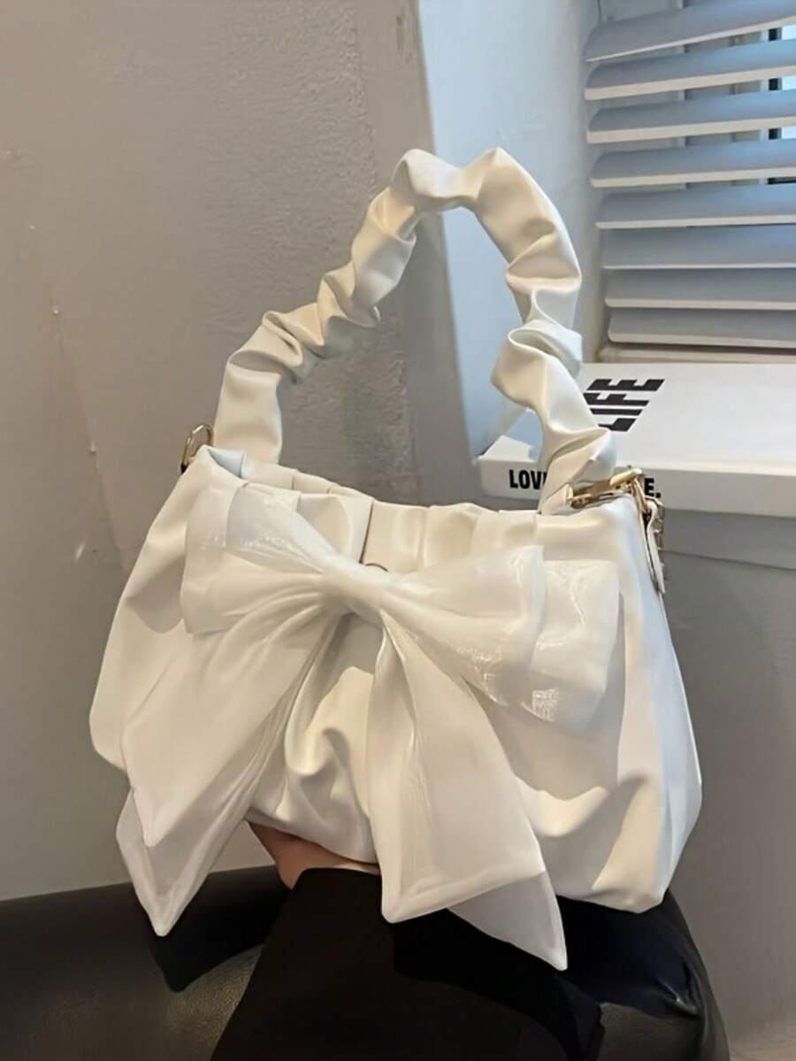 PU Bow Handbag & Crossbody Bag - Ic Closure Detachable Strap, White/Black Solid Color Elegant Bow Accent, Versatile For Casual & Dressy Outfits, Easy-Care Handbag For Parties Weddings Everyday Use, Christmas Gifts, Valentine's Day And New Year Gifts - 白色 - 查看 1