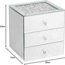 Biznest Silver Crushed Diamante Mirrored Glass Jewellery Box Eye Catching Design Storage Box 3 Drawers - 1PC - View 1