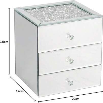 Biznest Silver Crushed Diamante Mirrored Glass Jewellery Box Eye Catching Design Storage Box 3 Drawers