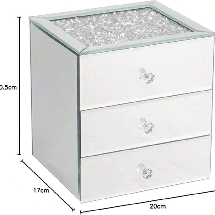 Biznest Silver Crushed Diamante Mirrored Glass Jewellery Box Eye Catching Design Storage Box 3 Drawers - 1PC - View 1