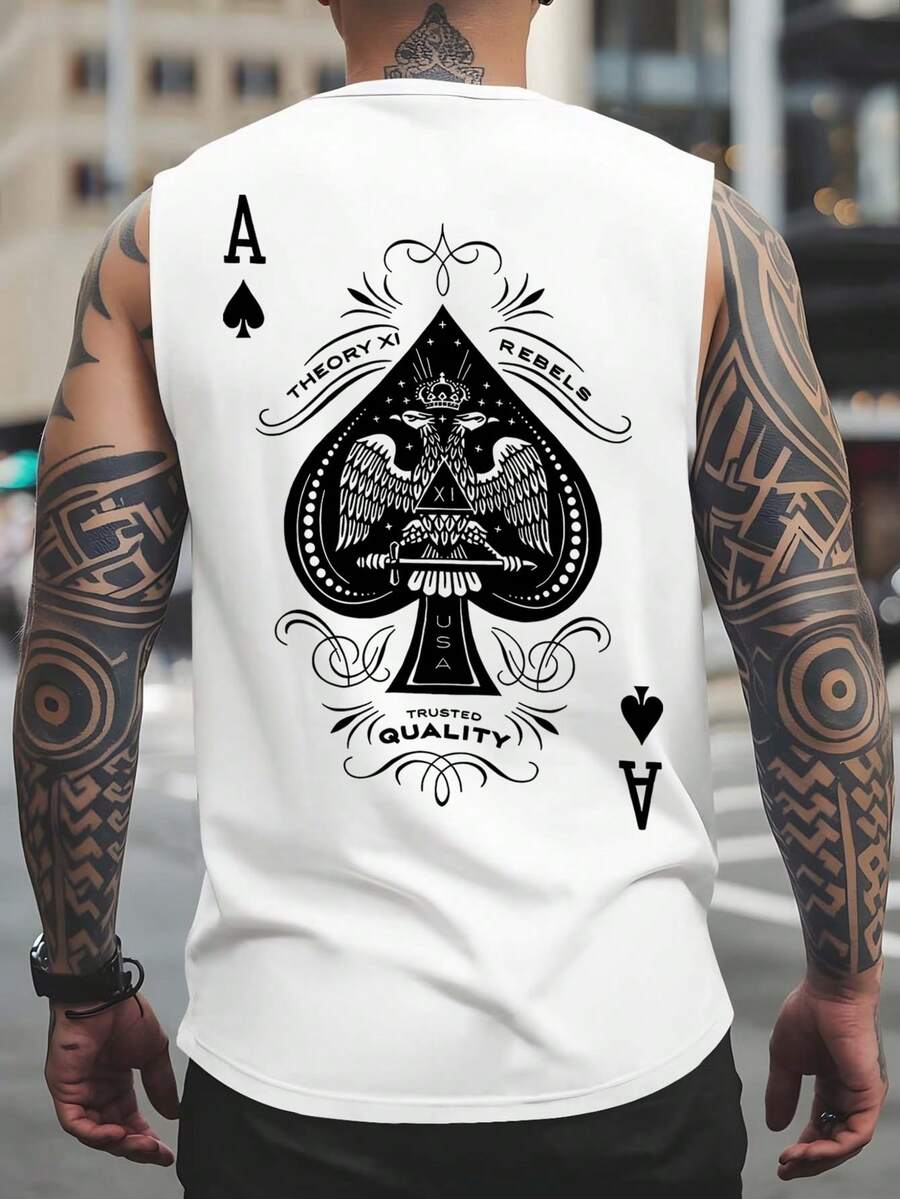 男士扑克元素印花圆领休闲宽松背心 - 白色 - 查看 1