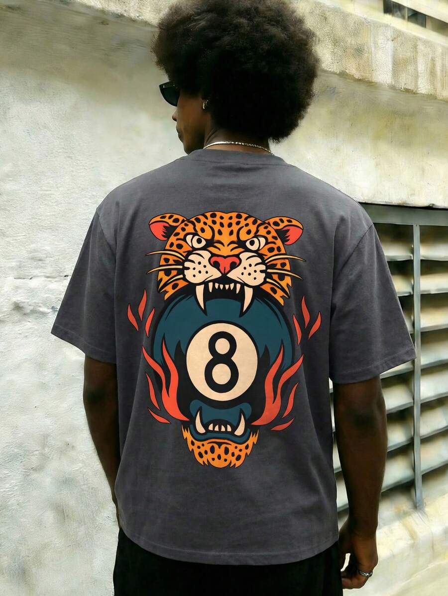 Fractyr 男士时尚休闲街头摇滚说唱风宽松短袖T恤 | 台球风格 | 老虎与8号球印花 | 精致设计 | 春夏必备 | 百搭易穿，展现您的个人风格 - 深灰色 - 查看 1