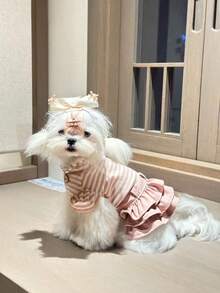Pet Clothes, Dog Striped Dress, Cat Mini Skirt Outfit - Pink - View 4