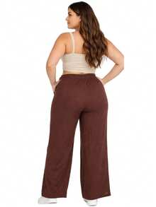 Women's Plus Size Boho Casual Wide-Leg Pants With Drawstring Pockets For Everyday Wear - Coffee Brown - View 2