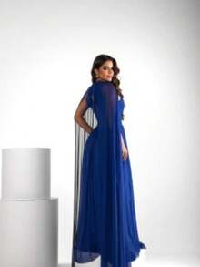 Elegant Cape Dress For Bridesmaid, Graduation, And Party - GB - Royal Blue - View 2