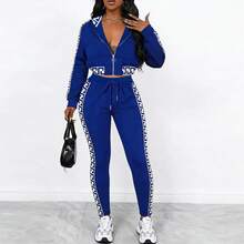 1pc Women's Casual Elegant Blue Mandarin Collar 2-Piece Set With Drawstring, Fashionable & Comfortable - Blue - View 2