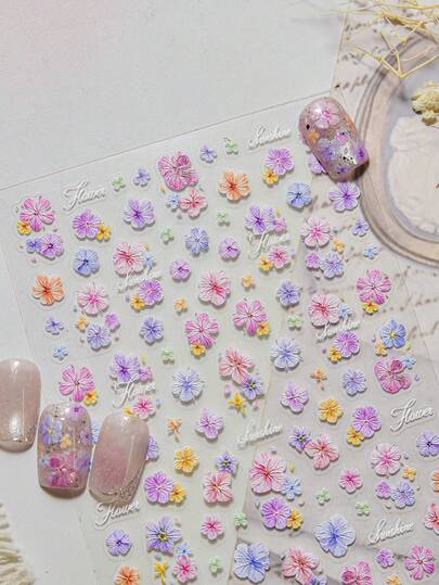 1pc Pink & Purple Ombre Embossed Sunflower Dreamy Nail Sticker, Self-Adhesive 5D Nail Art Decor For Women, Spring Party