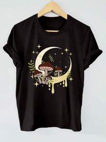 Mushroom Moon Cottagecore T-Shirt For Women - Cute Boho Nature Graphic, Soft Cotton, Casual Festival Summer TeeWomen's Casual Short Sleeve Crew Neck T-Shirt, Spring Summer Everyday Wear, Street  Daily Outfit Tops For Women Canada - màu đen - Xem 1